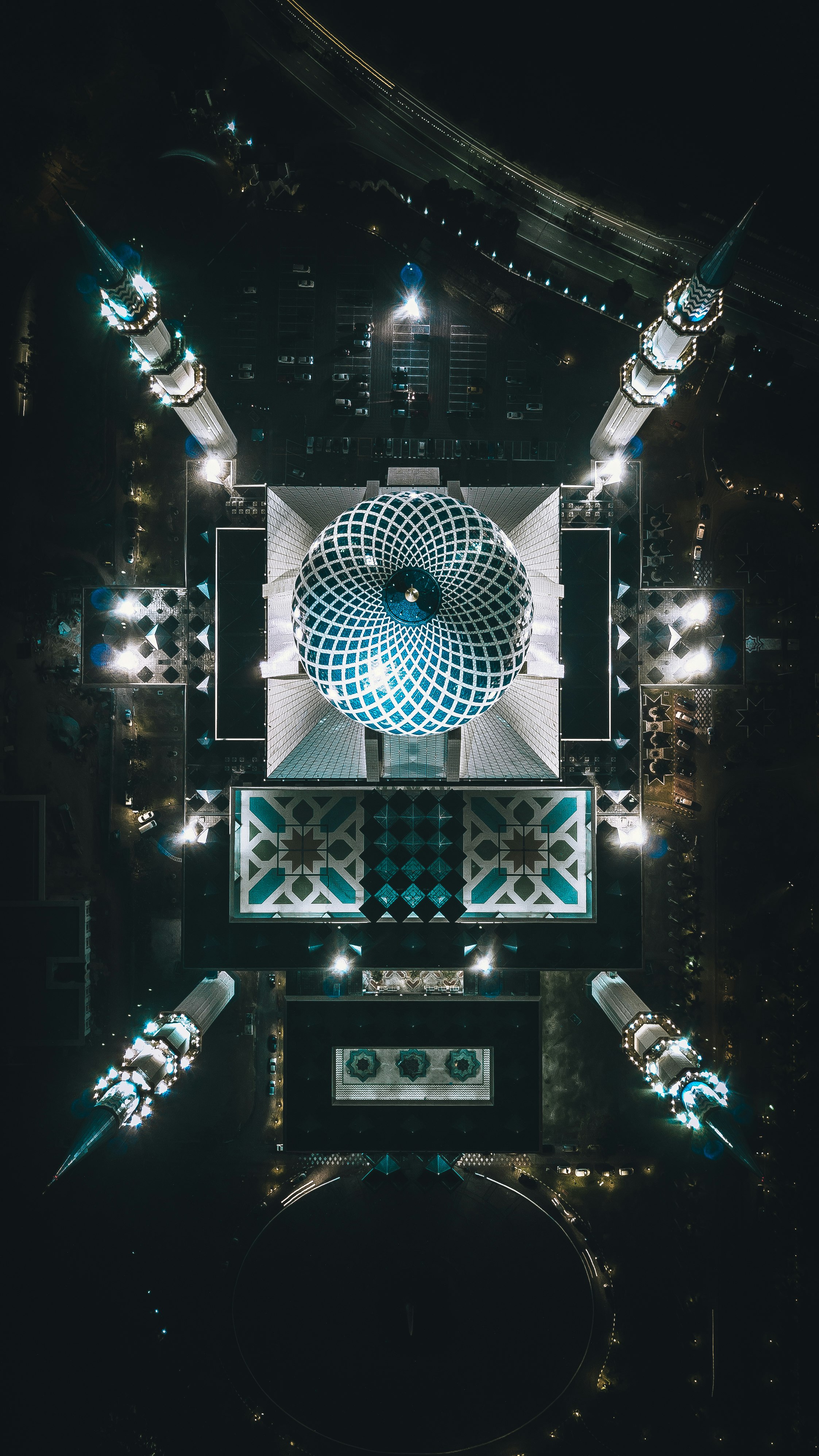 birds eye view of blue and white mosque